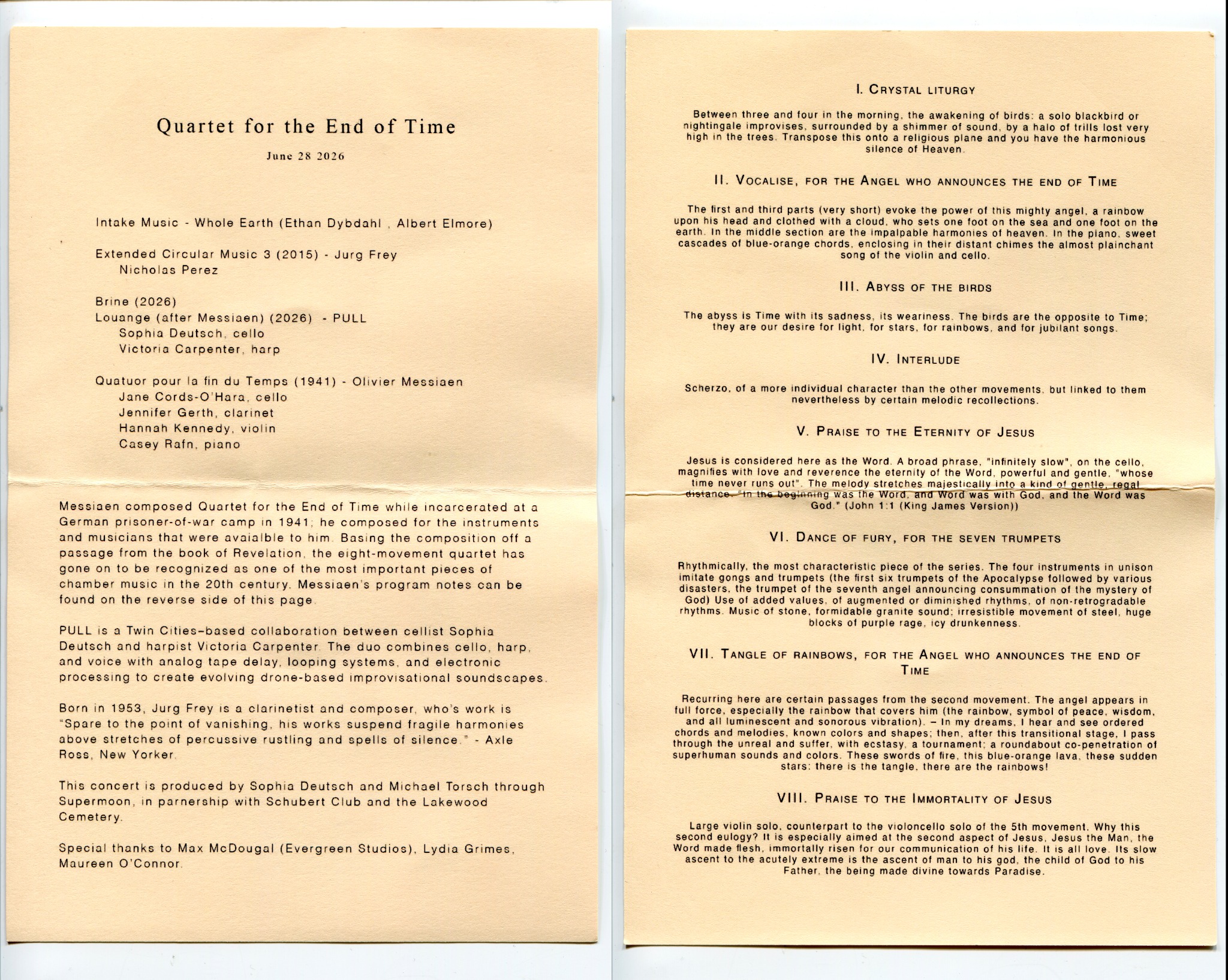 Two-page printed program from Quartet for the End of Time, June 28, 2026