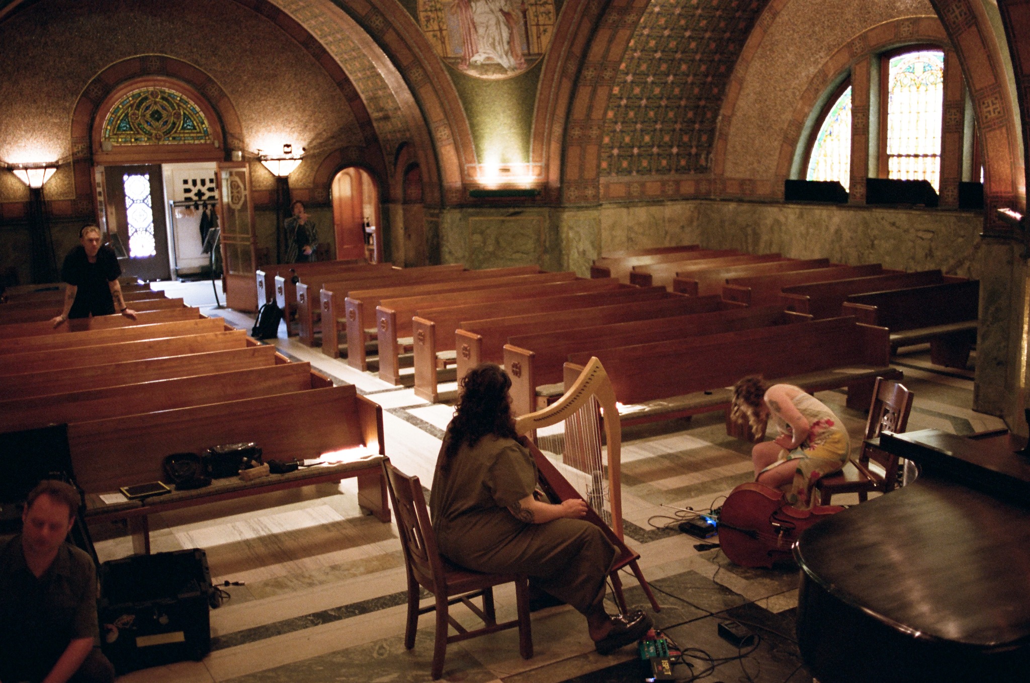 Cello and harp rehearsal inside the chapel