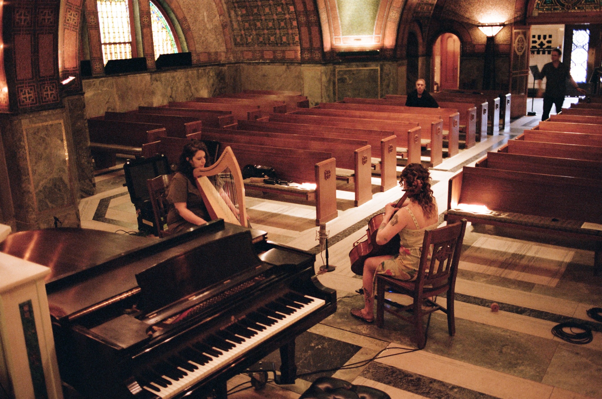 Cello and harp setup inside the chapel